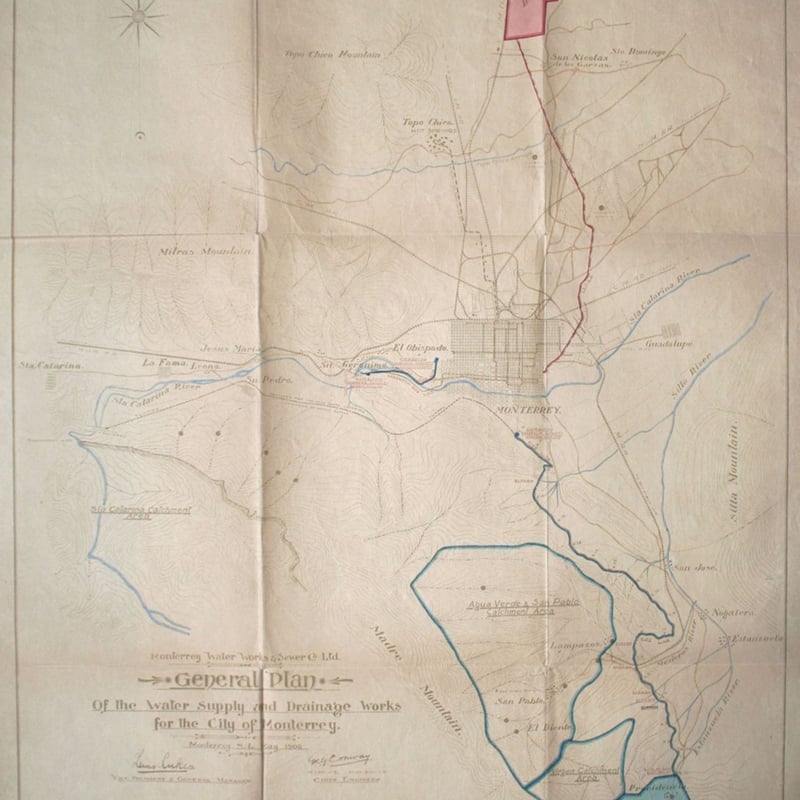Plano general de las obras de abastecimiento de agua y drenaje de la Ciudad de Monterrey de 1908