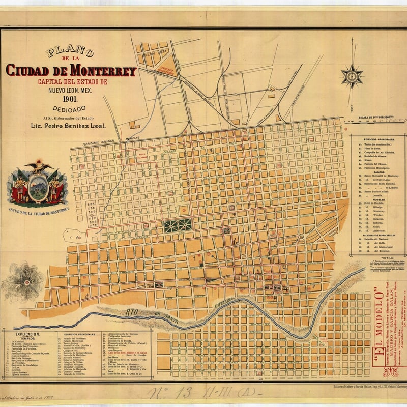 Plano de la ciudad de Monterrey de Editores Madero y García Galán de 1901