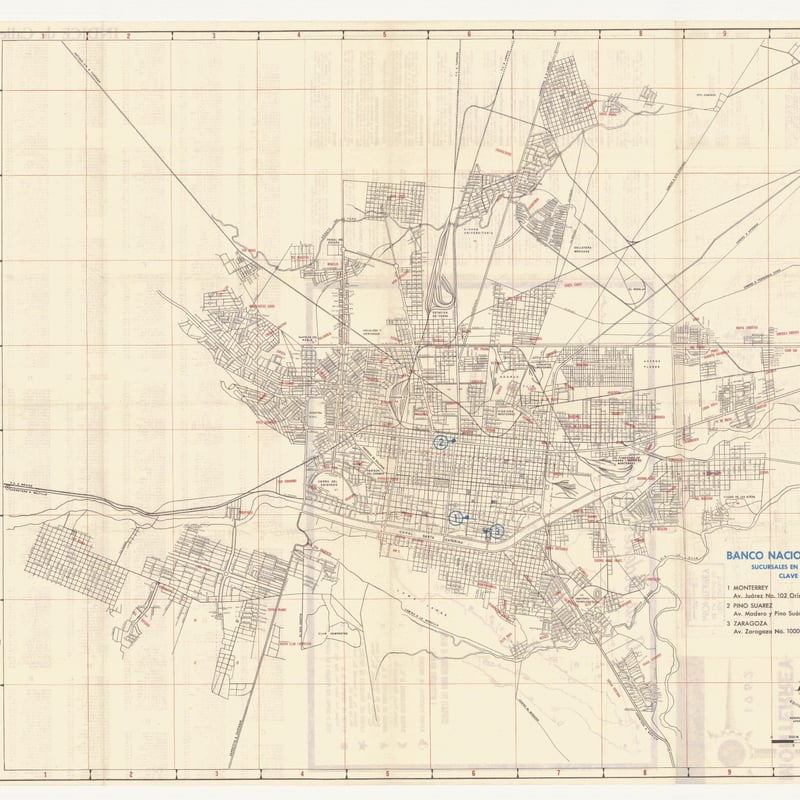 Plano de la Ciudad de Monterrey indicando las sucursales del Banco Nacional de México de 1962